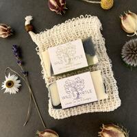 Trio of Mini Handmade Botanical Soaps with Sisal Soap Pouch