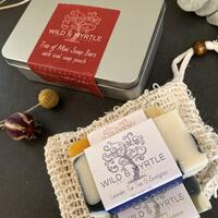 Trio of Mini Handmade Botanical Soaps with Sisal Soap Pouch