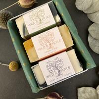 Trio of Mini Handmade Botanical Soaps with Sisal Soap Pouch