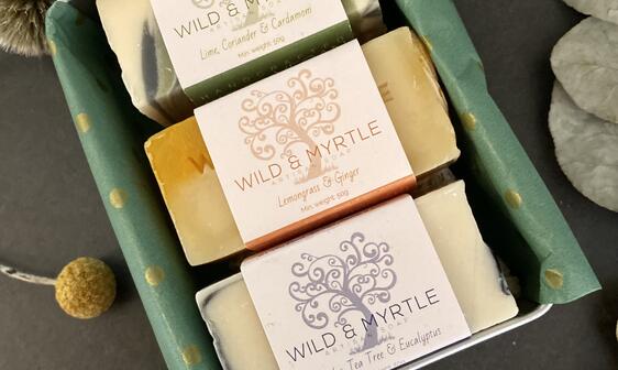 Trio of Mini Handmade Botanical Soaps with Sisal Soap Pouch